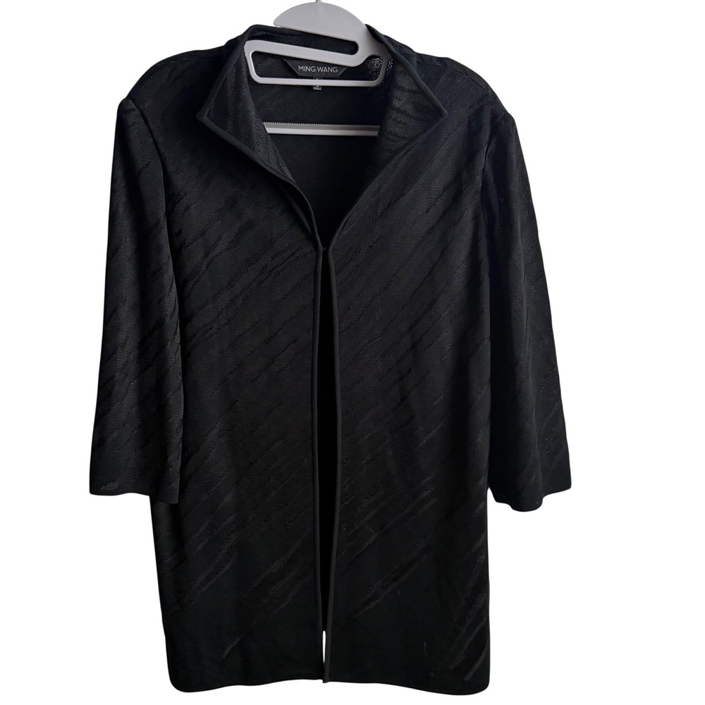 Ming‎ Wang Textured Knit Open Front Cardigan Black Travel Minimalist Women's L
